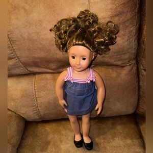 Battat Our Generation Doll 18" Brown Curly Haired Pony Tailed Doll Outfit Shoes